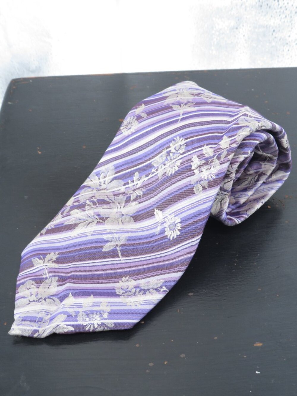 Dona Vinci Mens Silk Tie Purple Stripe Floral Necktie Classic Standard One Size